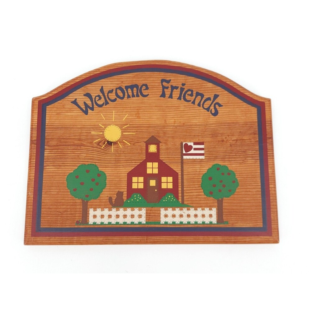Wooden Vtg Welcome Friends Sign Plaque Country Schoolhouse Rustic Decor 15x11